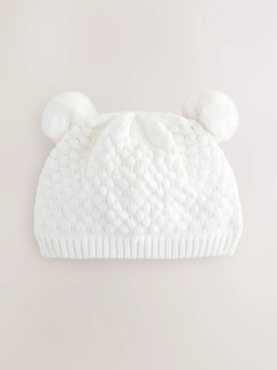 White Baby Double Pom Knitted Hat (0mths-2yrs)