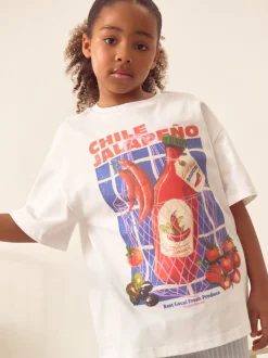 White/Blue Chilli Oversized 100% Cotton Graphic T-Shirt & Woven Shorts (3-16yrs)