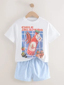 White/Blue Chilli Oversized 100% Cotton Graphic T-Shirt & Woven Shorts (3-16yrs)