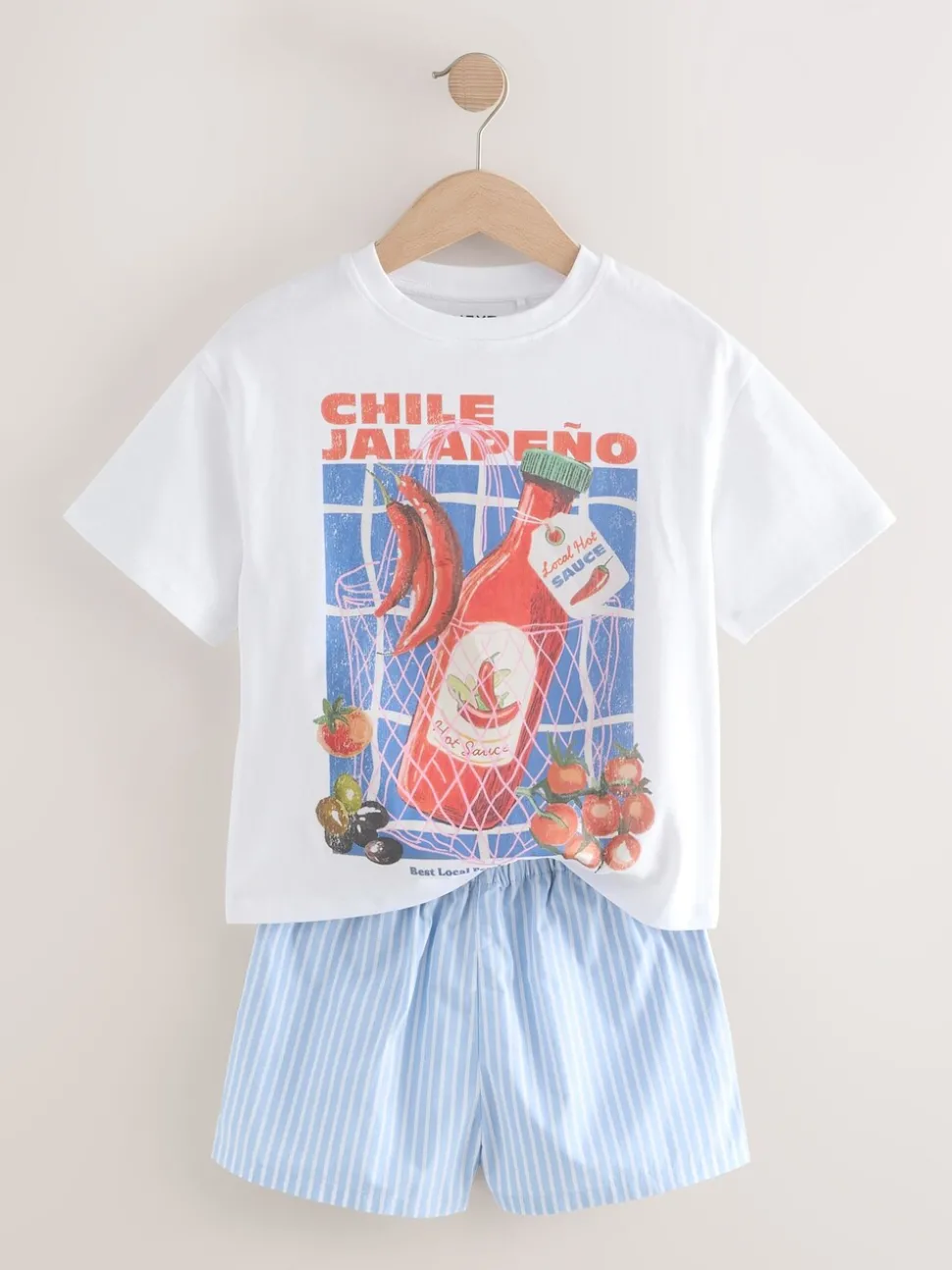White/Blue Chilli Oversized 100% Cotton Graphic T-Shirt & Woven Shorts (3-16yrs)