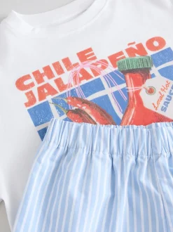 White/Blue Chilli Oversized 100% Cotton Graphic T-Shirt & Woven Shorts (3-16yrs)