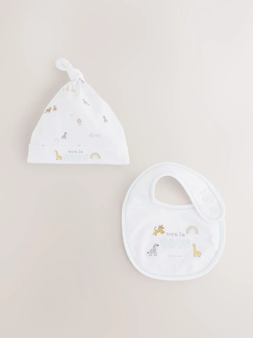 White Born in 2025 Hat and Bib Baby Set 2 Piece (0-12mths)