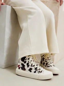 White/Brown Cow Printed Standard Fit (F) Lace Up High Top Trainers