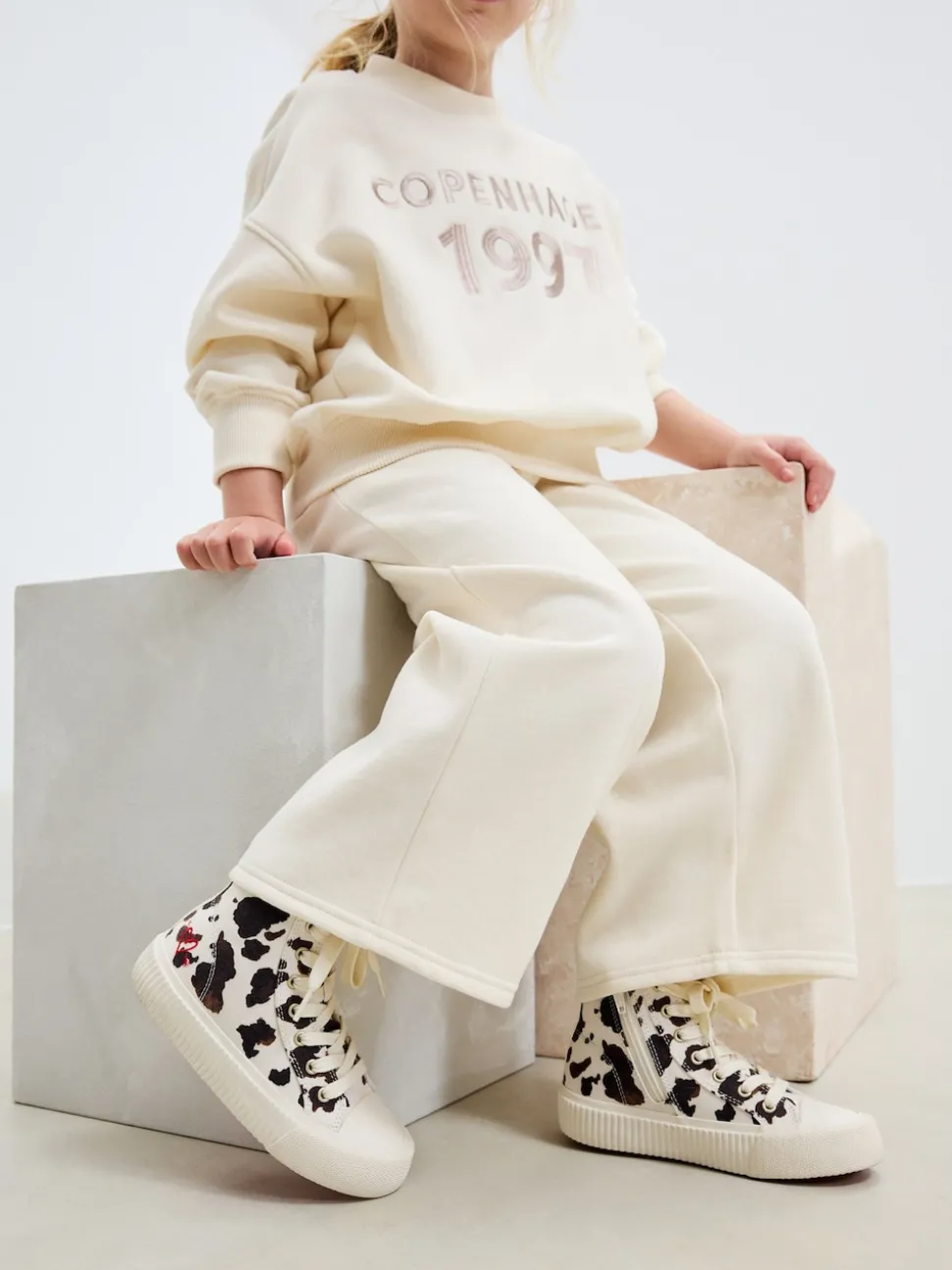 White/Brown Cow Printed Standard Fit (F) Lace Up High Top Trainers