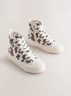 White/Brown Cow Printed Standard Fit (F) Lace Up High Top Trainers