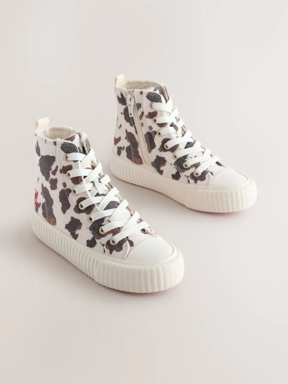 White/Brown Cow Printed Standard Fit (F) Lace Up High Top Trainers
