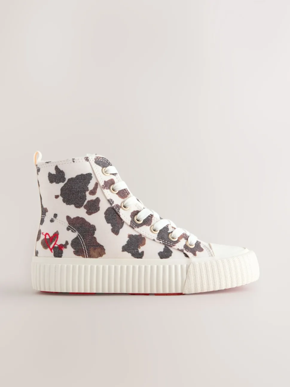 White/Brown Cow Printed Standard Fit (F) Lace Up High Top Trainers