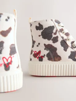 White/Brown Cow Printed Standard Fit (F) Lace Up High Top Trainers
