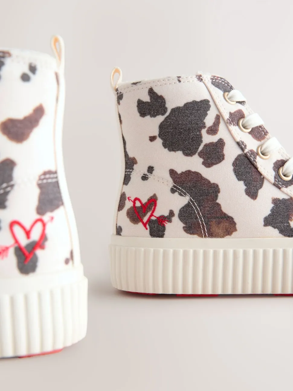 White/Brown Cow Printed Standard Fit (F) Lace Up High Top Trainers