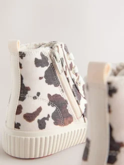 White/Brown Cow Printed Standard Fit (F) Lace Up High Top Trainers