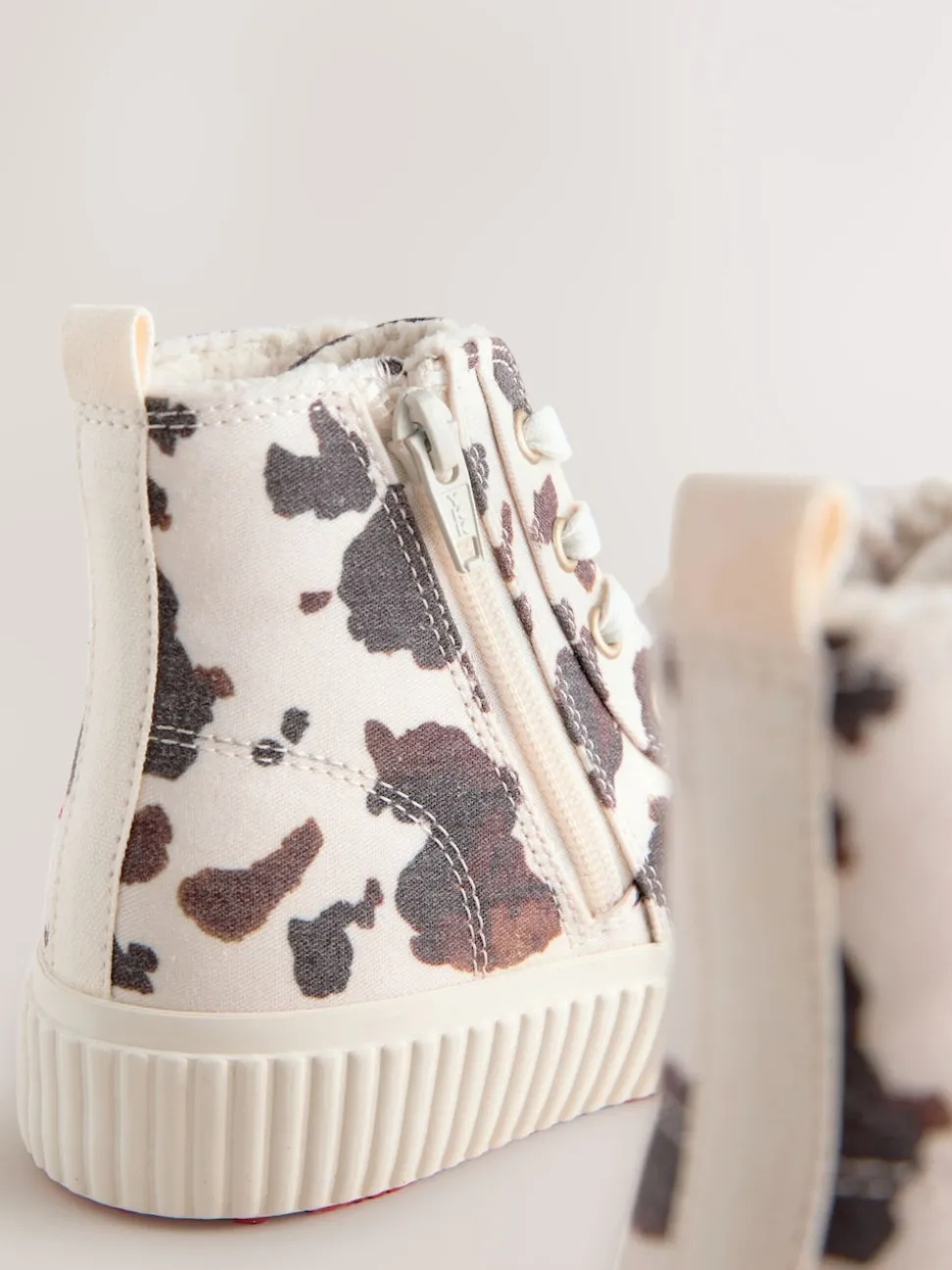 White/Brown Cow Printed Standard Fit (F) Lace Up High Top Trainers