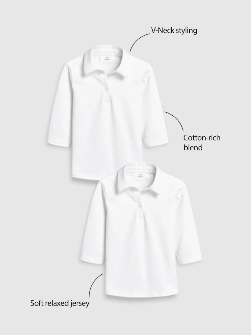 White Cotton Stretch 3/4 Sleeve School Jersey Blouses 2 Pack (3-16yrs)