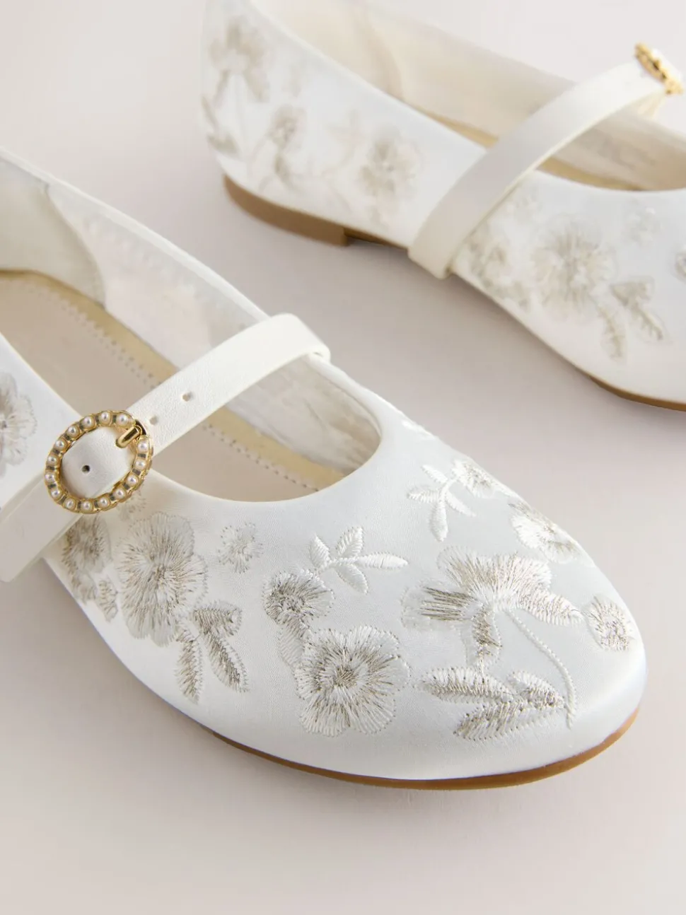 White Embroidered Stain Resistant Satin Mary Jane Occasion Shoes