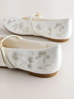 White Embroidered Stain Resistant Satin Mary Jane Occasion Shoes