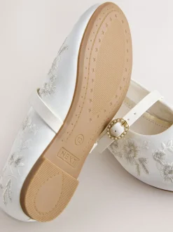 White Embroidered Stain Resistant Satin Mary Jane Occasion Shoes
