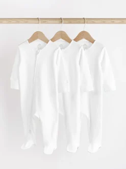 White Essential Zipped 100% Cotton Baby Sleepsuits 3 Pack (0-3yrs)