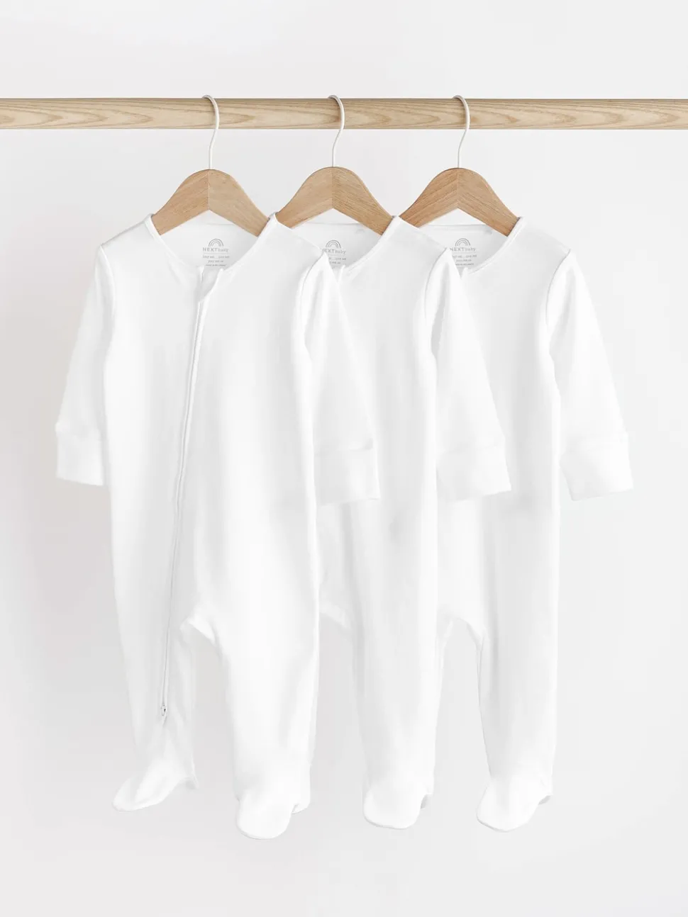 White Essential Zipped 100% Cotton Baby Sleepsuits 3 Pack (0-3yrs)