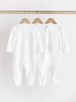 White Essential Zipped 100% Cotton Baby Sleepsuits 3 Pack (0-3yrs)