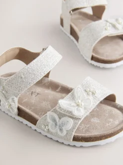White Glitter Butterfly Standard Fit (F) Touch Fastening Corkbed Sandals