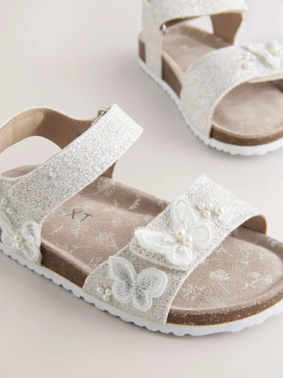 White Glitter Butterfly Standard Fit (F) Touch Fastening Corkbed Sandals