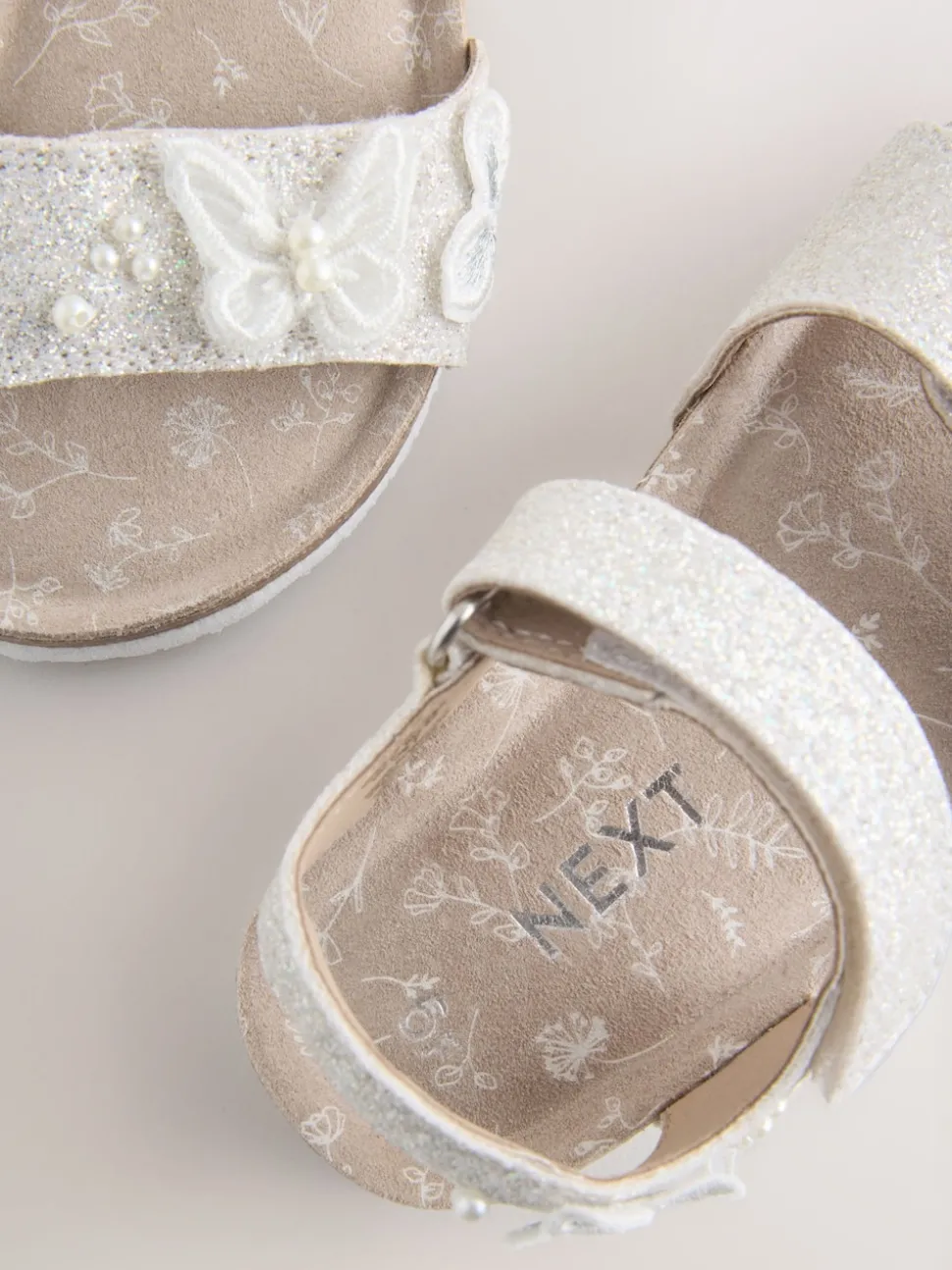 White Glitter Butterfly Standard Fit (F) Touch Fastening Corkbed Sandals