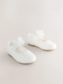 White Glitter Butterfly Strap Occasion Shoes