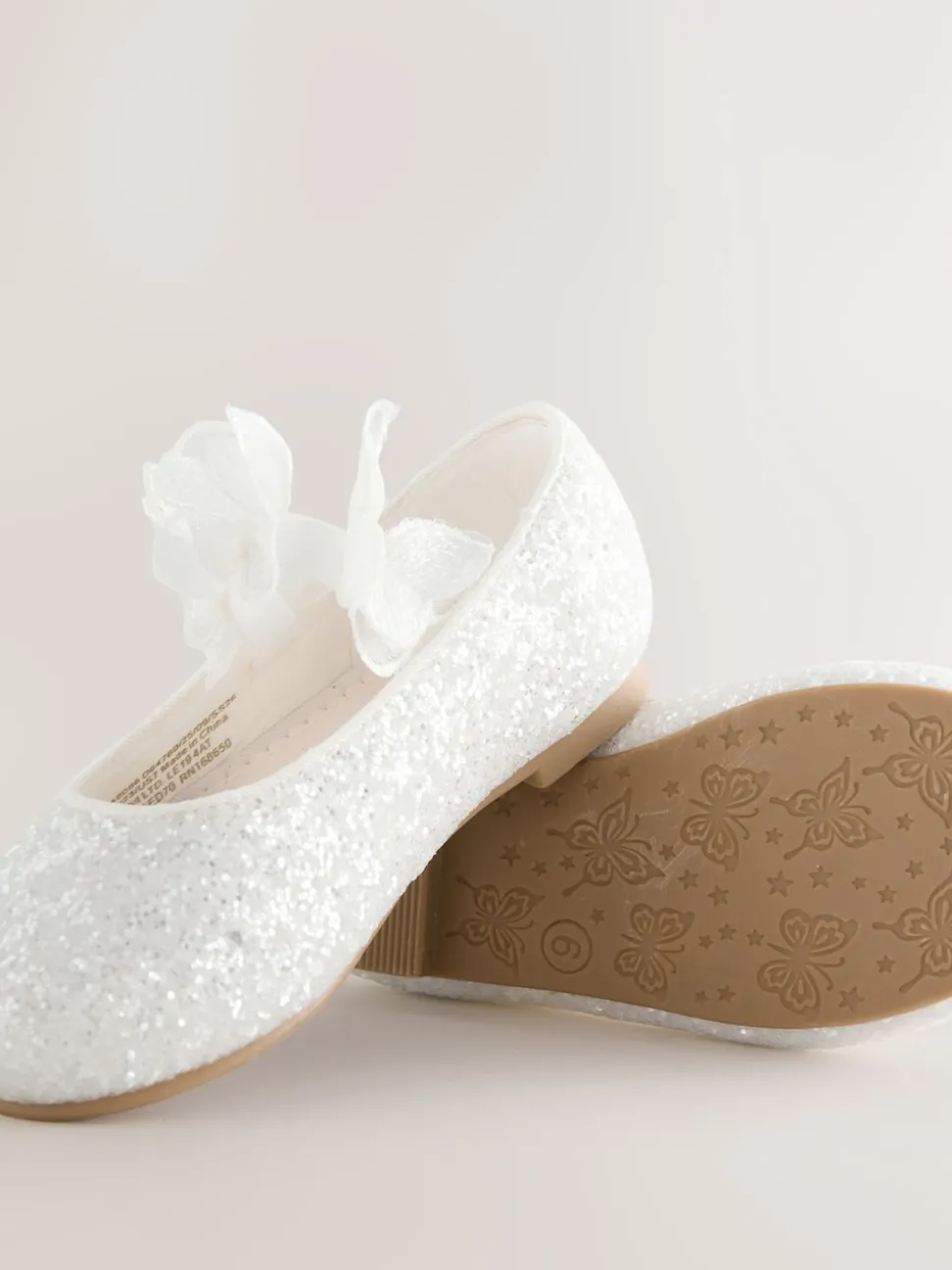 White Glitter Butterfly Strap Occasion Shoes