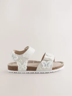 White Glitter Butterfly Wide Fit (G) Touch Fastening Corkbed Sandals