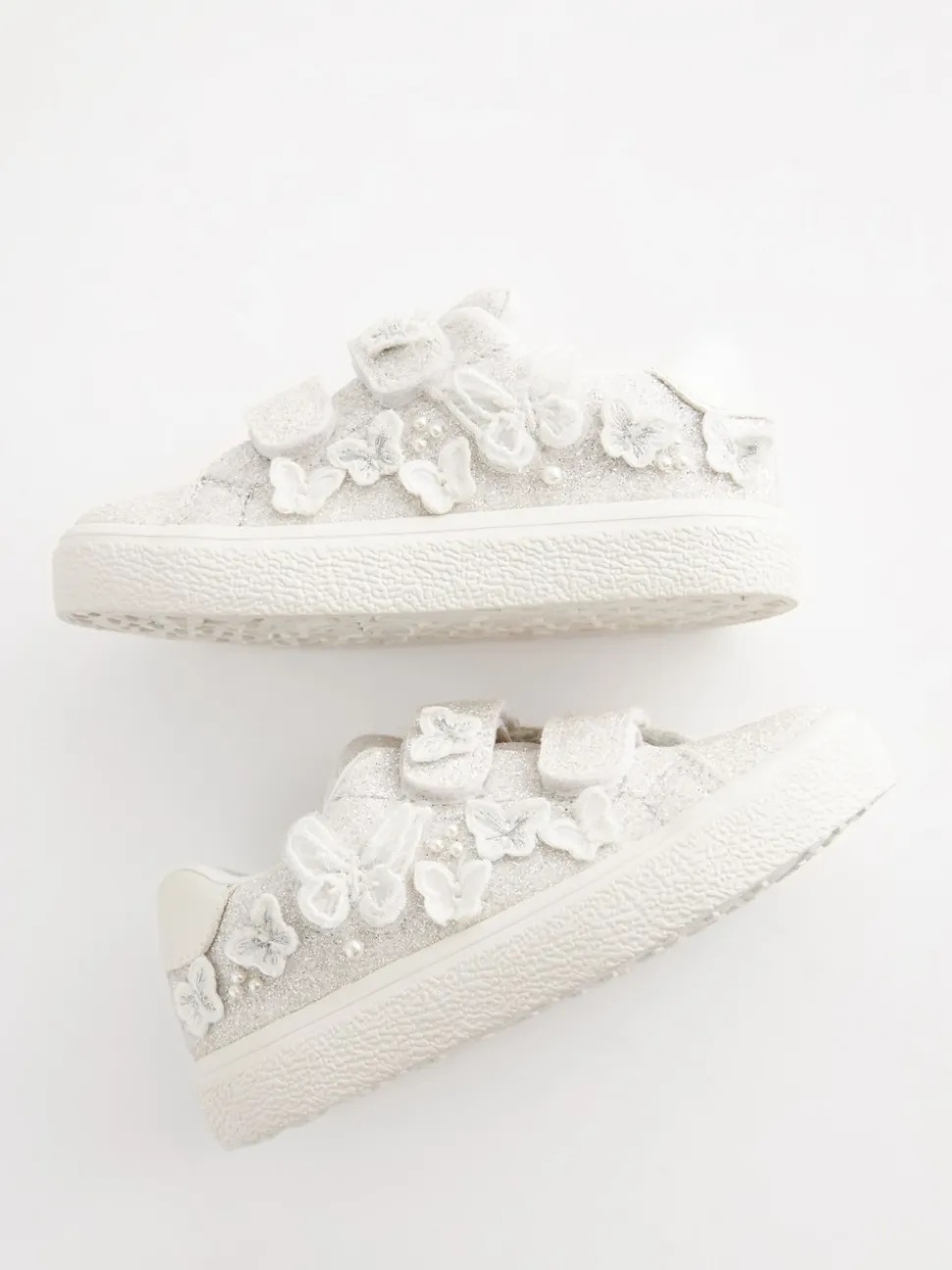 White Glitter Standard Fit (F) Butterfly Touch Fasten Strap Trainers
