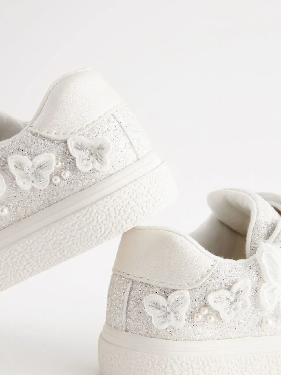 White Glitter Standard Fit (F) Butterfly Touch Fasten Strap Trainers