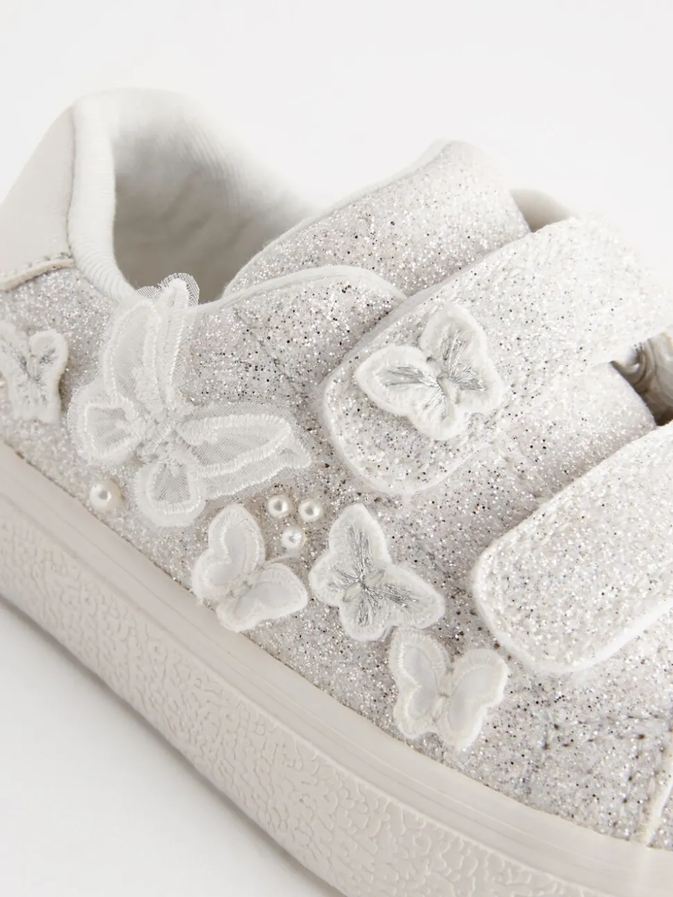 White Glitter Standard Fit (F) Butterfly Touch Fasten Strap Trainers