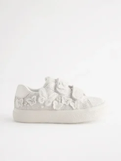 White Glitter Wide Fit (G) Butterfly Touch Fasten Strap Trainers