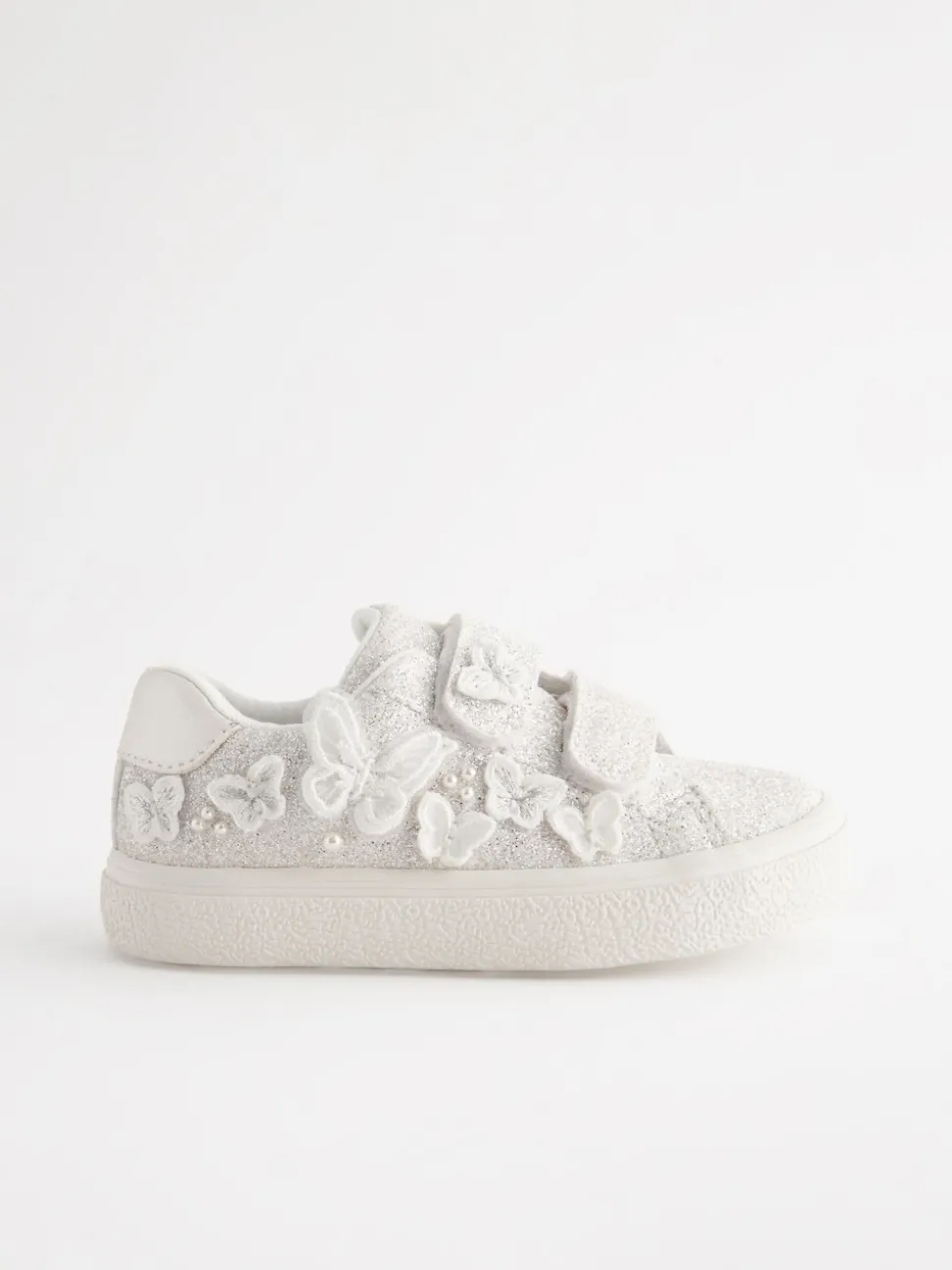 White Glitter Wide Fit (G) Butterfly Touch Fasten Strap Trainers