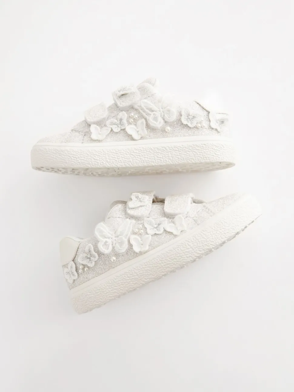 White Glitter Wide Fit (G) Butterfly Touch Fasten Strap Trainers