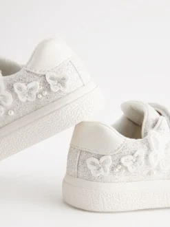 White Glitter Wide Fit (G) Butterfly Touch Fasten Strap Trainers