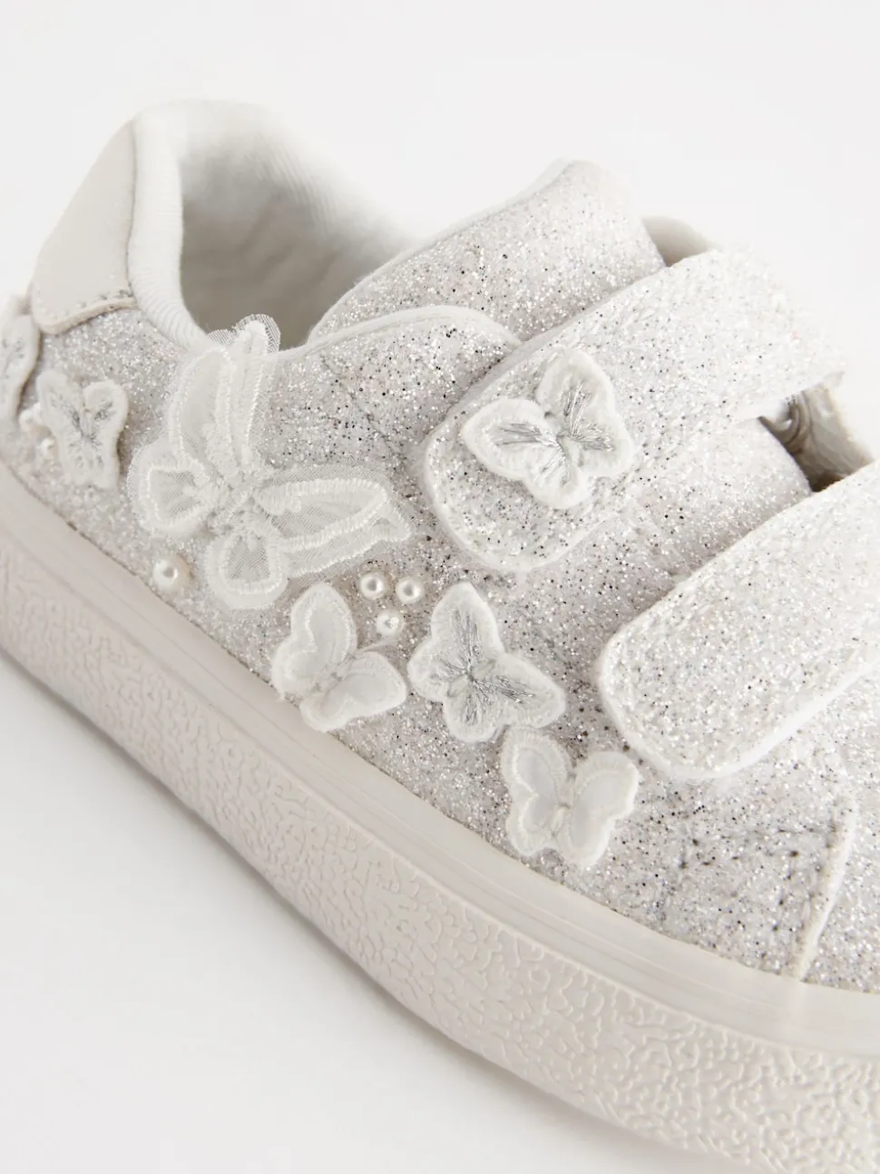 White Glitter Wide Fit (G) Butterfly Touch Fasten Strap Trainers