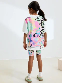 White Graffiti Oversized T-Shirt Cycle Top and Shorts Set (3-16yrs)