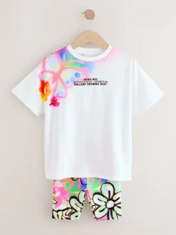 White Graffiti Oversized T-Shirt Cycle Top and Shorts Set (3-16yrs)
