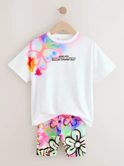 White Graffiti Oversized T-Shirt Cycle Top and Shorts Set (3-16yrs)