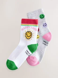 White/Grey 2 Pack Cotton Rich SmileyWorld® Cushioned Sole Ankle Socks