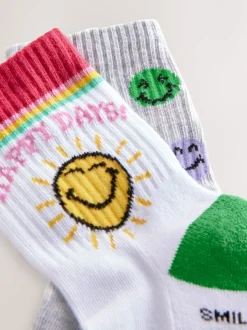 White/Grey 2 Pack Cotton Rich SmileyWorld® Cushioned Sole Ankle Socks