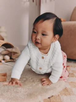 White Heart Pocket Button Through Baby Cardigan (0mths-2yrs)