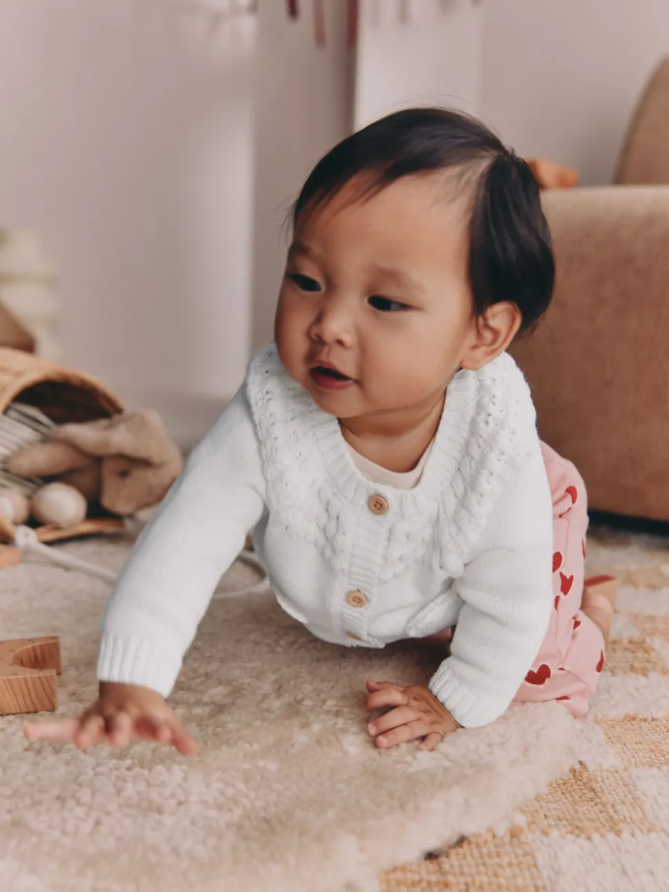 White Heart Pocket Button Through Baby Cardigan (0mths-2yrs)