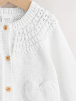White Heart Pocket Button Through Baby Cardigan (0mths-2yrs)