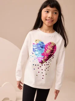 White Heart Print Long Sleeve Sequin Top (3-16yrs)