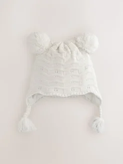 White Knitted Baby Pointelle Double Pom Trapper Hat (0mths-2yrs)