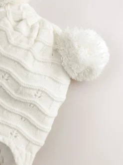 White Knitted Baby Pointelle Double Pom Trapper Hat (0mths-2yrs)