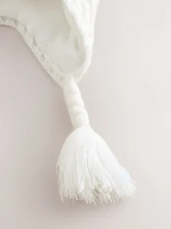 White Knitted Baby Pointelle Double Pom Trapper Hat (0mths-2yrs)