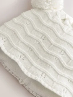 White Knitted Baby Pointelle Double Pom Trapper Hat (0mths-2yrs)