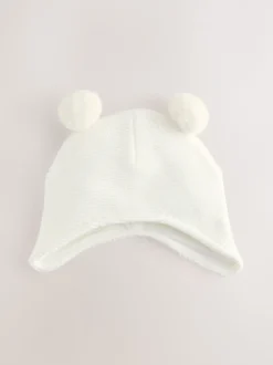 White Knitted Double Pom Baby Trapper Hat